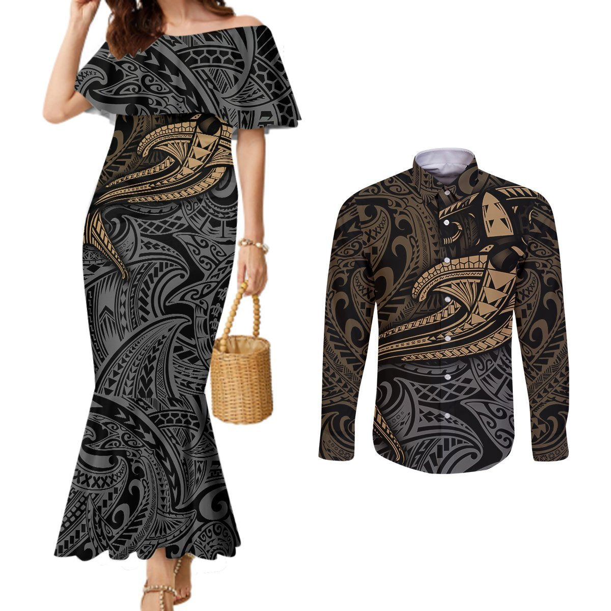 Polynesian Couples Matching Mermaid Dress and Long Sleeve Button Shirts Hammerhead Shark Tribal Pattern TS04 Black Yellow - Polynesian Pride