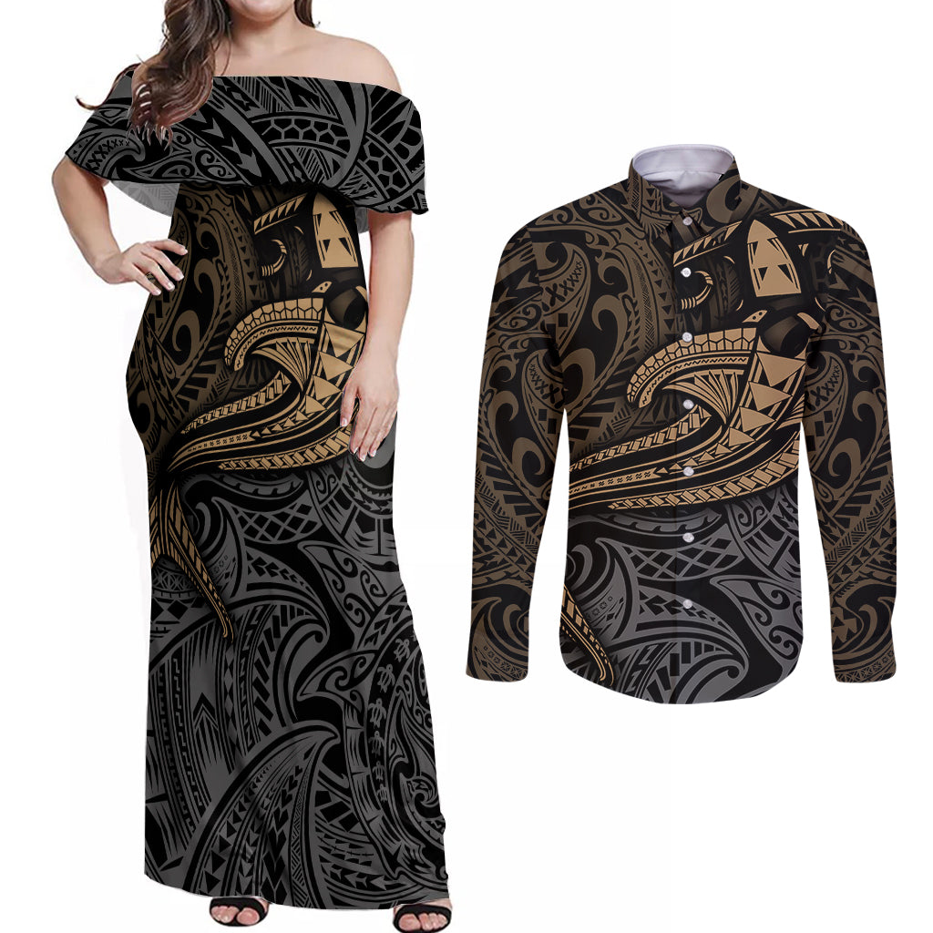 Polynesian Couples Matching Off Shoulder Maxi Dress and Long Sleeve Button Shirts Hammerhead Shark Tribal Pattern TS04 Black Yellow - Polynesian Pride