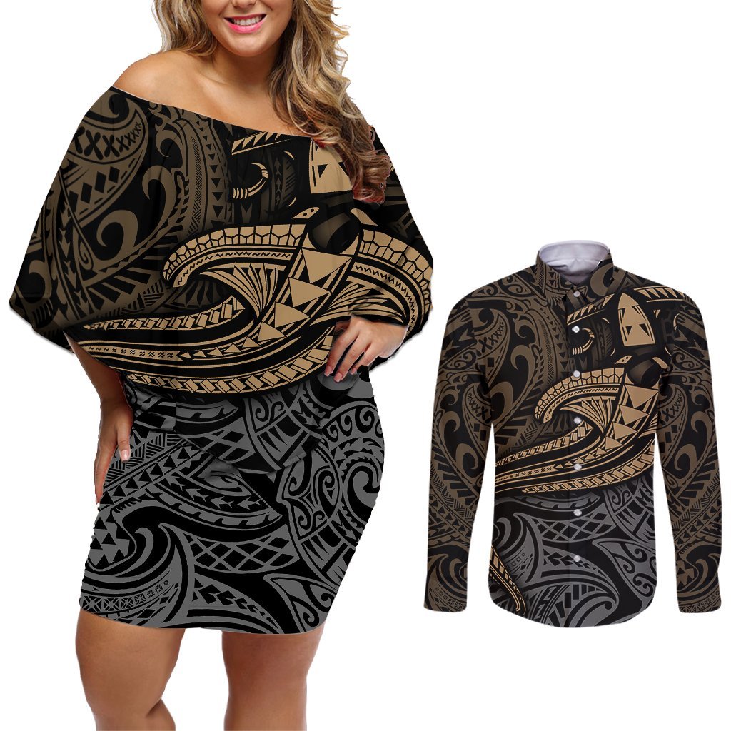 Polynesian Couples Matching Off Shoulder Short Dress and Long Sleeve Button Shirts Hammerhead Shark Tribal Pattern TS04 Black Yellow - Polynesian Pride