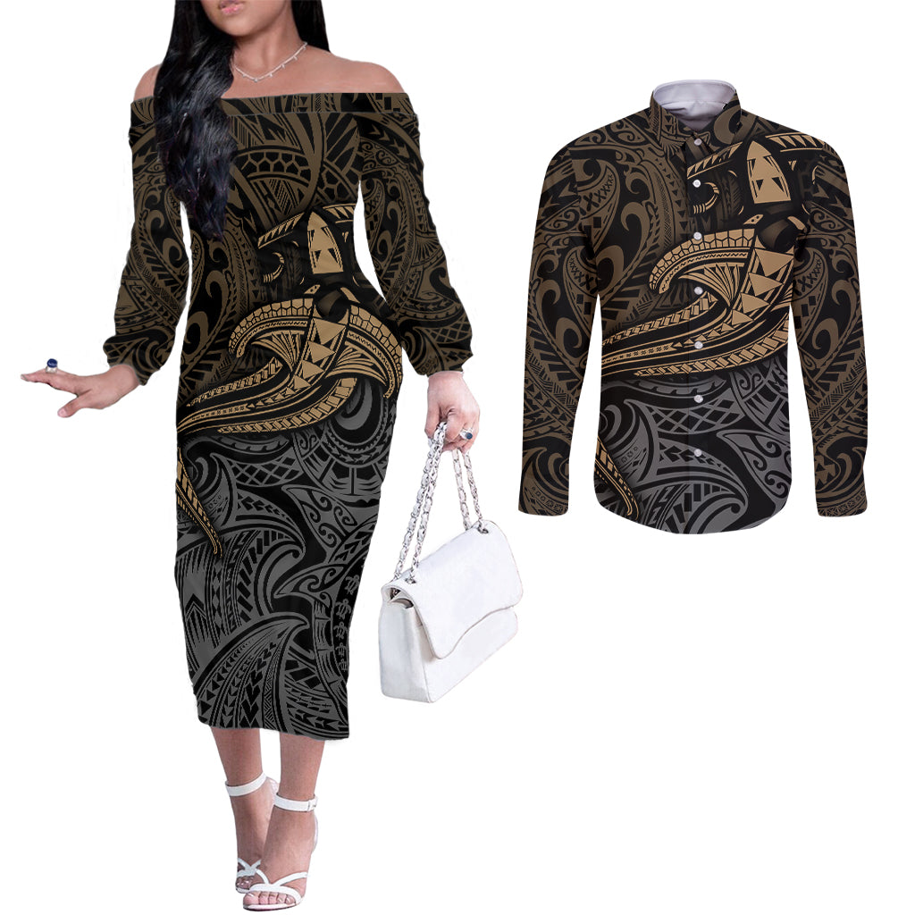 Polynesian Couples Matching Off The Shoulder Long Sleeve Dress and Long Sleeve Button Shirts Hammerhead Shark Tribal Pattern TS04 Black Yellow - Polynesian Pride