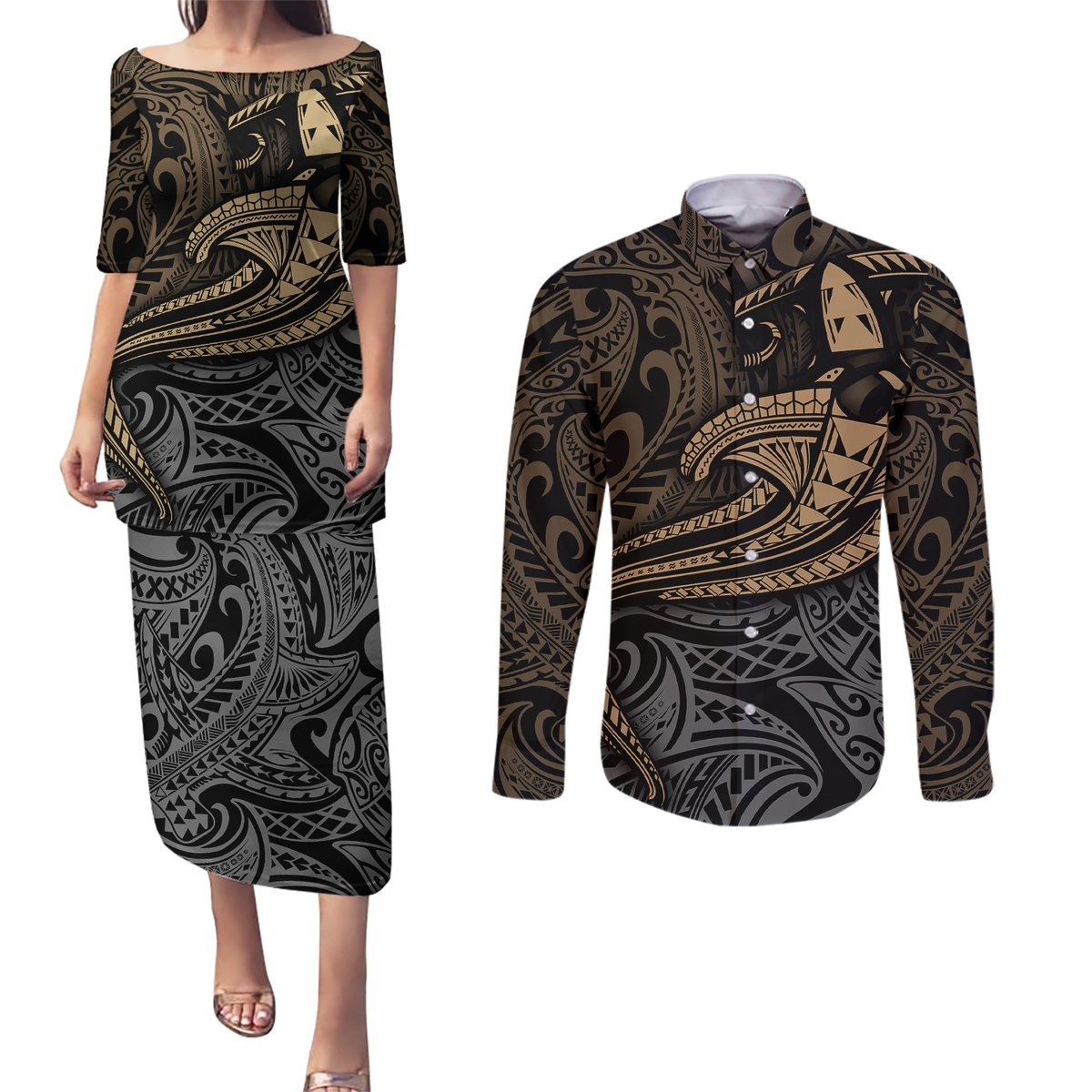 Polynesian Couples Matching Puletasi Dress and Long Sleeve Button Shirts Hammerhead Shark Tribal Pattern TS04 Black Yellow - Polynesian Pride