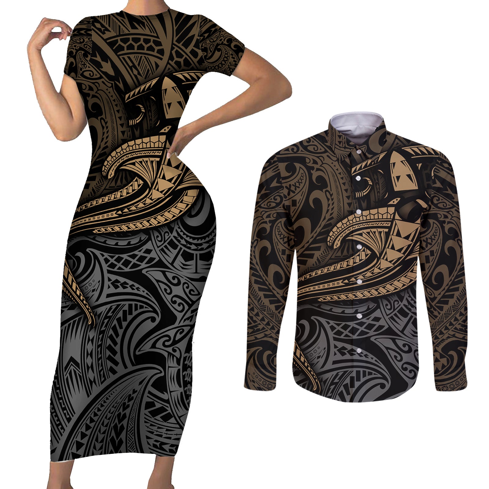 Polynesian Couples Matching Short Sleeve Bodycon Dress and Long Sleeve Button Shirts Hammerhead Shark Tribal Pattern TS04 Black Yellow - Polynesian Pride