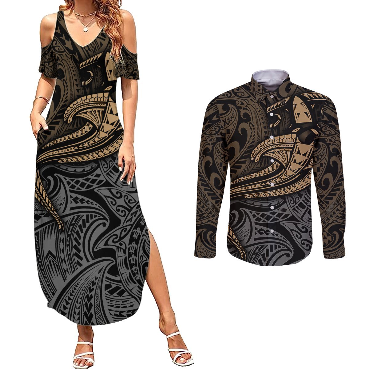 Polynesian Couples Matching Summer Maxi Dress and Long Sleeve Button Shirts Hammerhead Shark Tribal Pattern TS04 Black Yellow - Polynesian Pride
