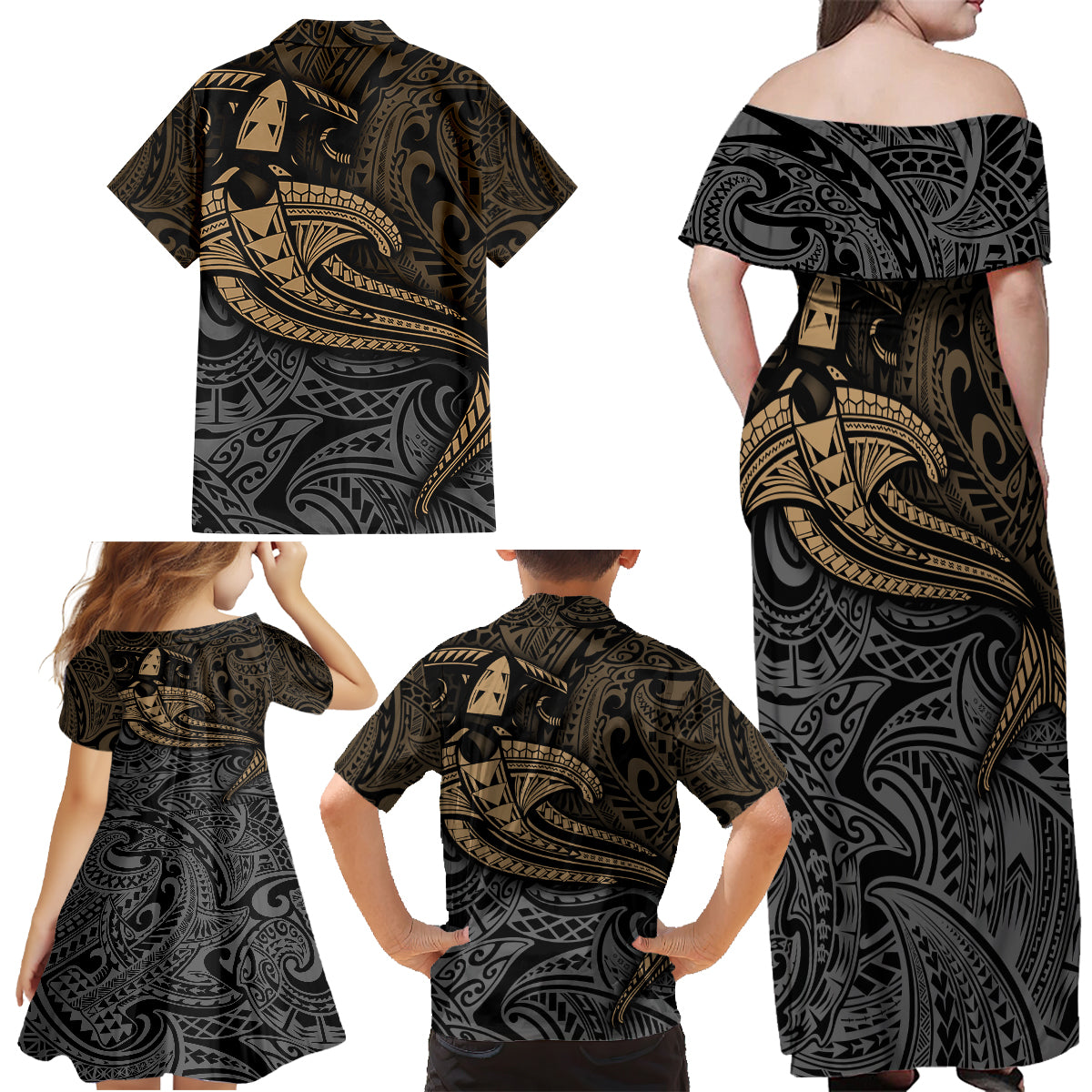Polynesian Family Matching Off Shoulder Maxi Dress and Hawaiian Shirt Hammerhead Shark Tribal Pattern TS04 - Polynesian Pride