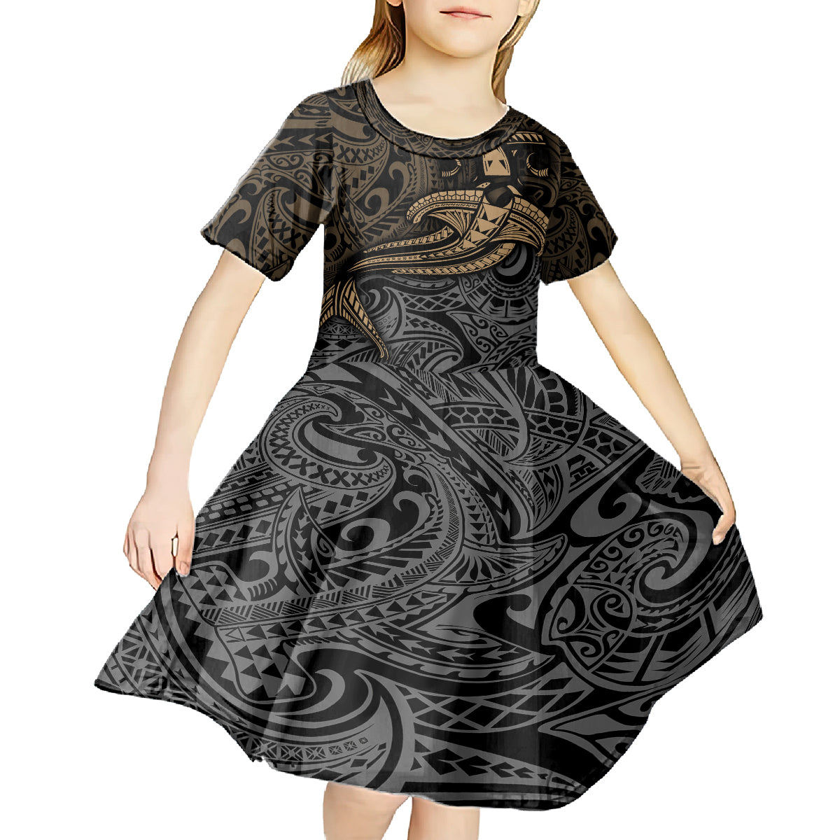 Polynesian Kid Short Sleeve Dress Hammerhead Shark Tribal Pattern TS04 - Polynesian Pride