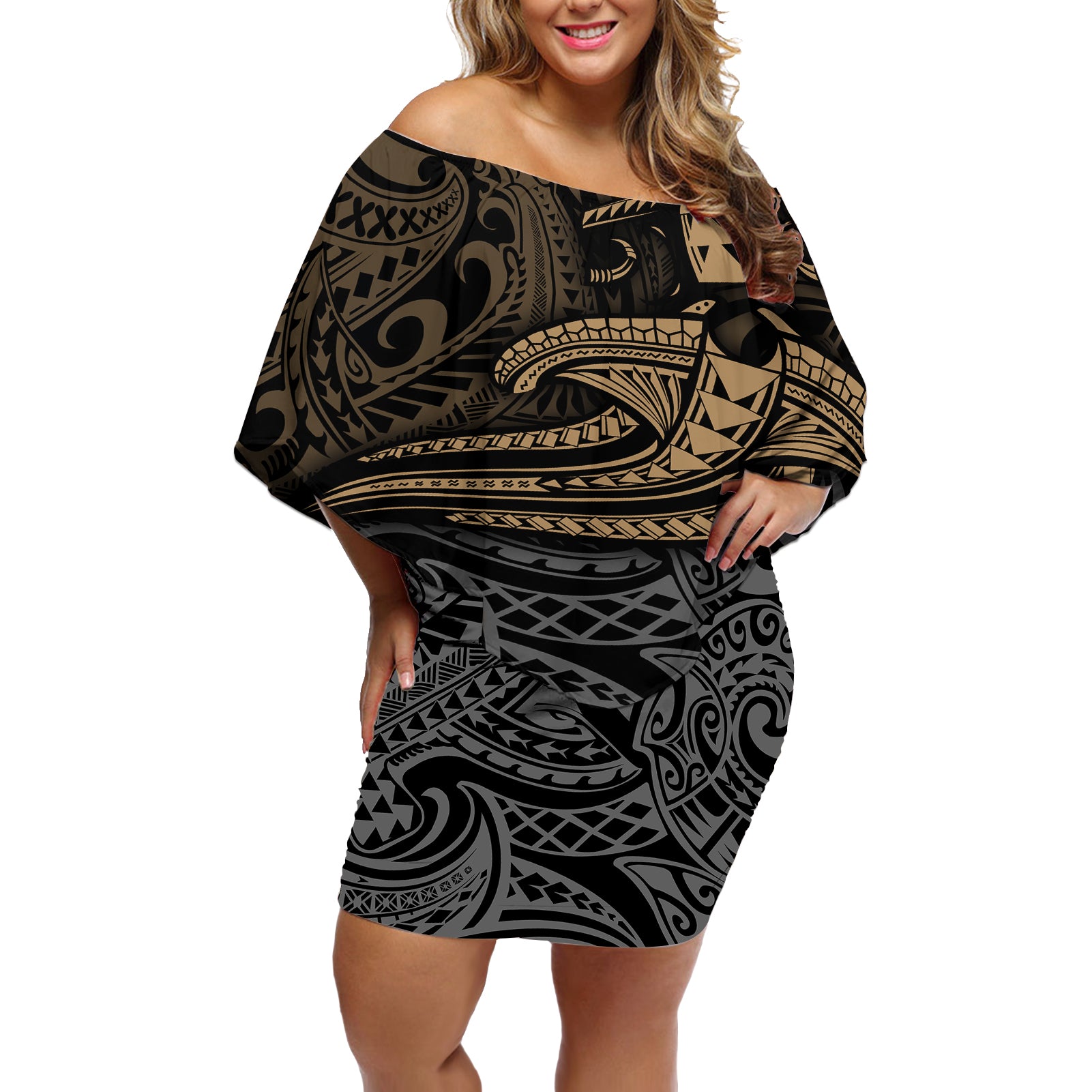 Polynesian Off Shoulder Short Dress Hammerhead Shark Tribal Pattern TS04 Women Black/Yellow - Polynesian Pride