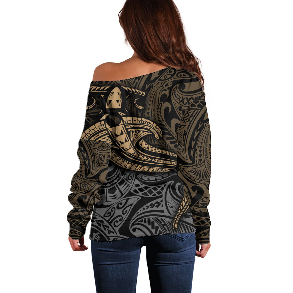 Polynesian Off Shoulder Sweater Hammerhead Shark Tribal Pattern TS04 - Polynesian Pride
