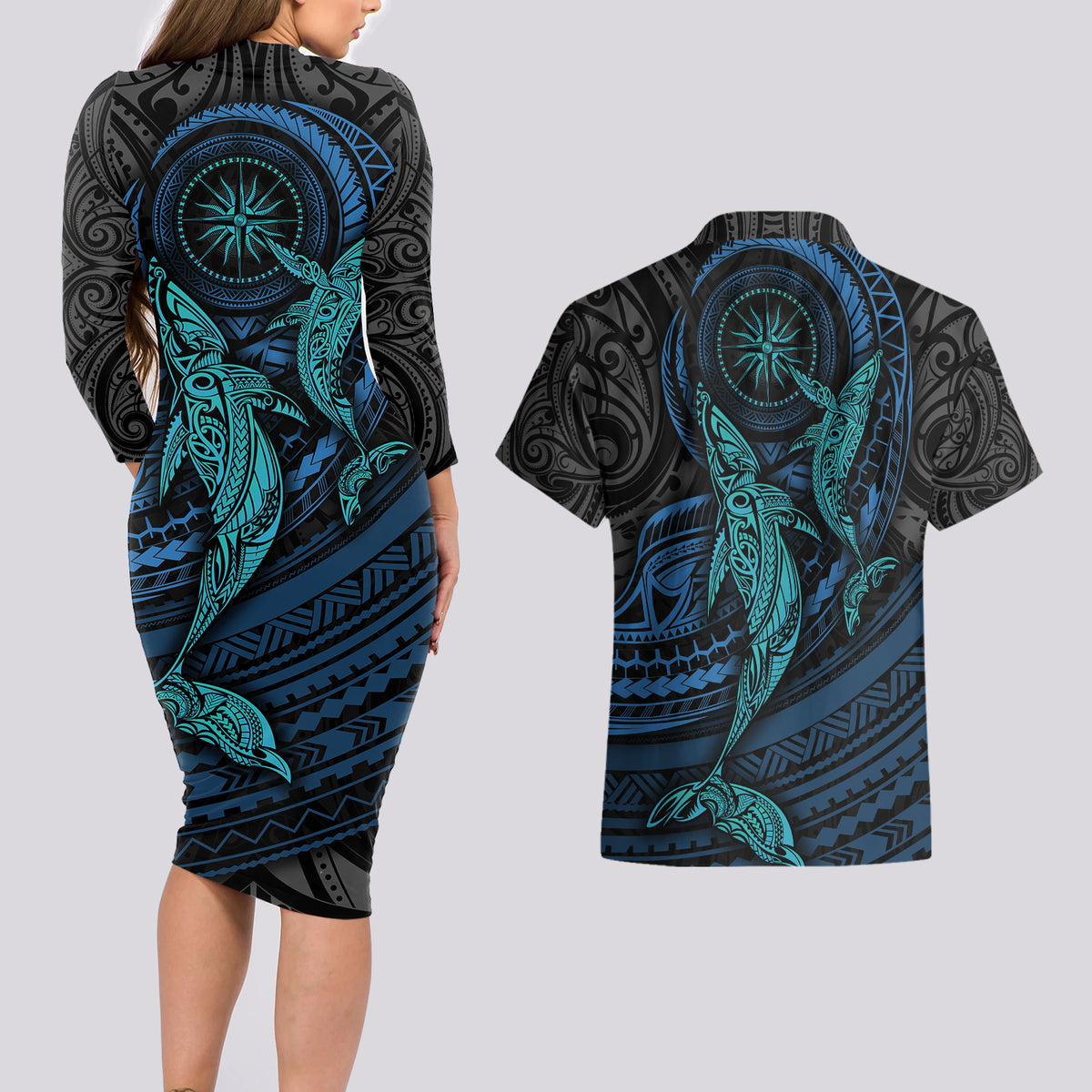 Polynesian Whale Couples Matching Long Sleeve Bodycon Dress and Hawaiian Shirt TS04 - Polynesian Pride