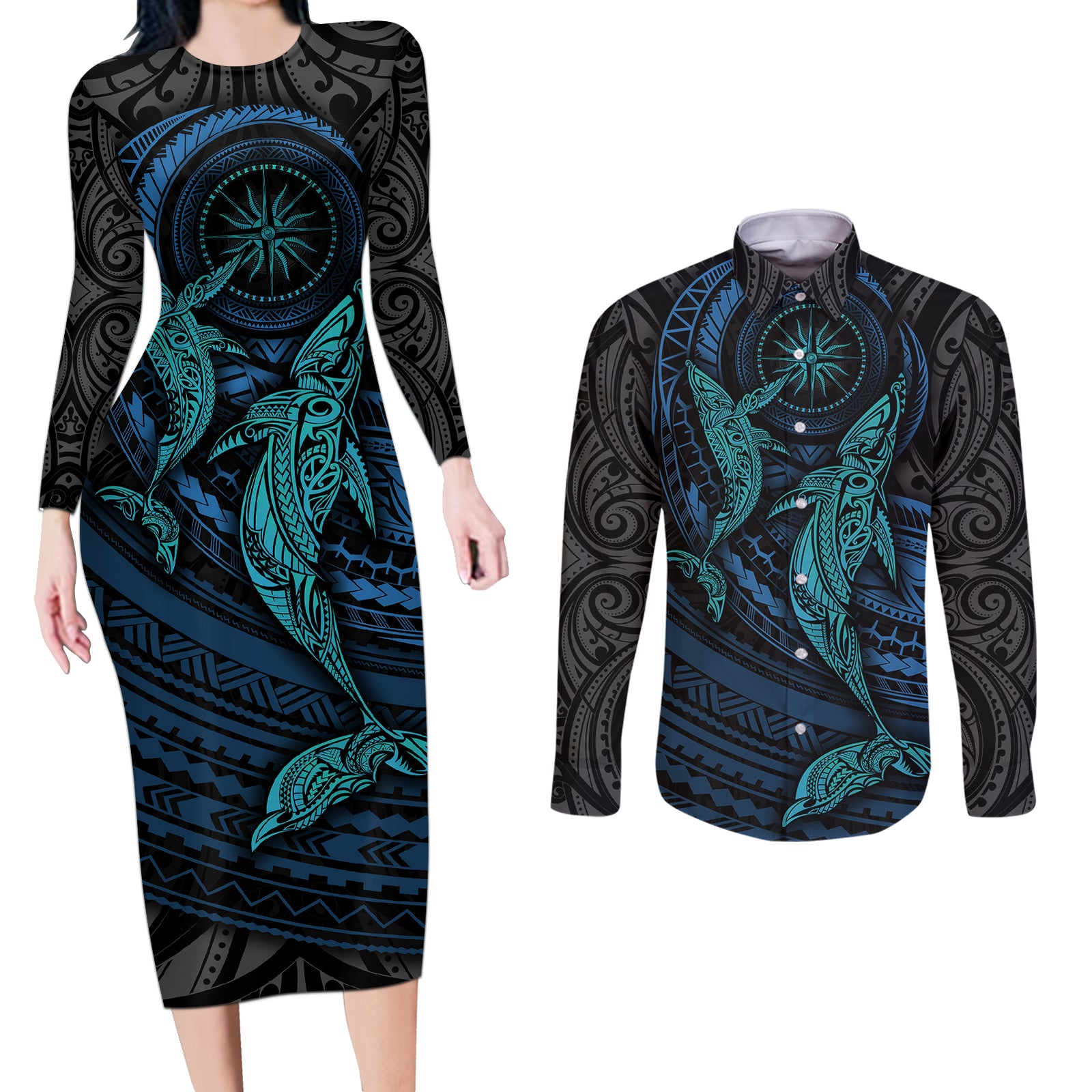 Polynesian Whale Couples Matching Long Sleeve Bodycon Dress and Long Sleeve Button Shirts TS04 Black Cyan - Polynesian Pride