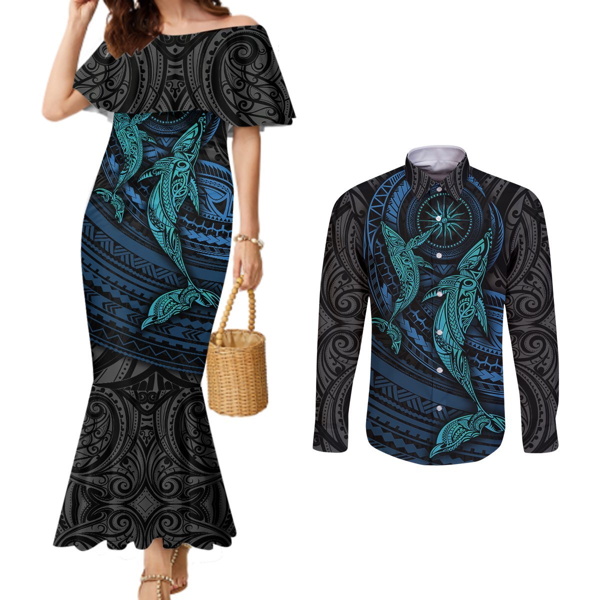 Polynesian Whale Couples Matching Mermaid Dress and Long Sleeve Button Shirts TS04 Black Cyan - Polynesian Pride