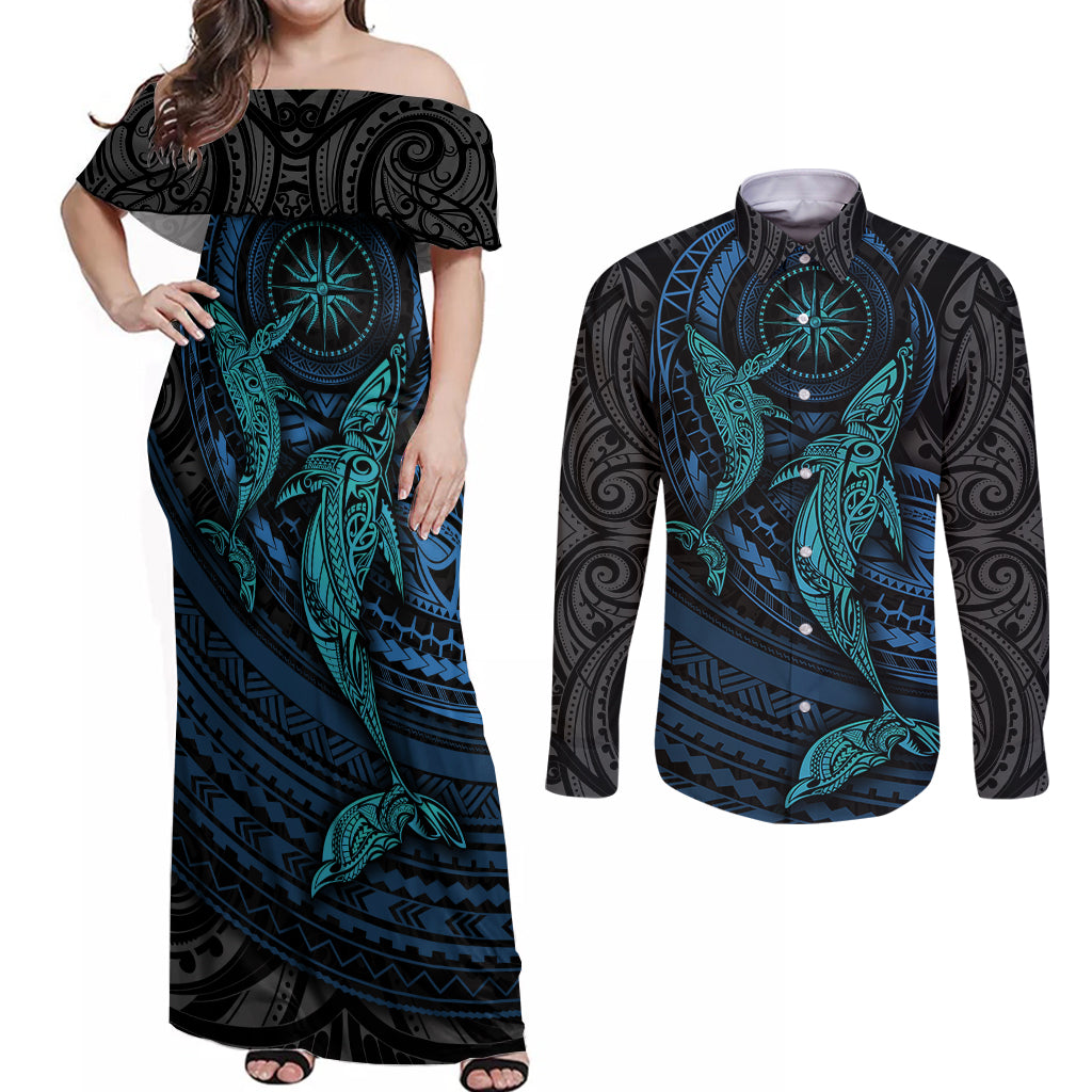 Polynesian Whale Couples Matching Off Shoulder Maxi Dress and Long Sleeve Button Shirts TS04 Black Cyan - Polynesian Pride