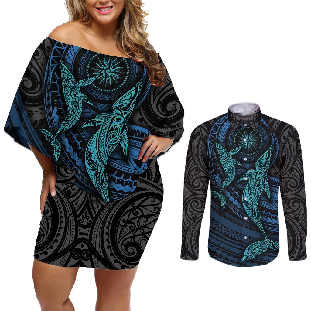 Polynesian Whale Couples Matching Off Shoulder Short Dress and Long Sleeve Button Shirts TS04 Black Cyan - Polynesian Pride