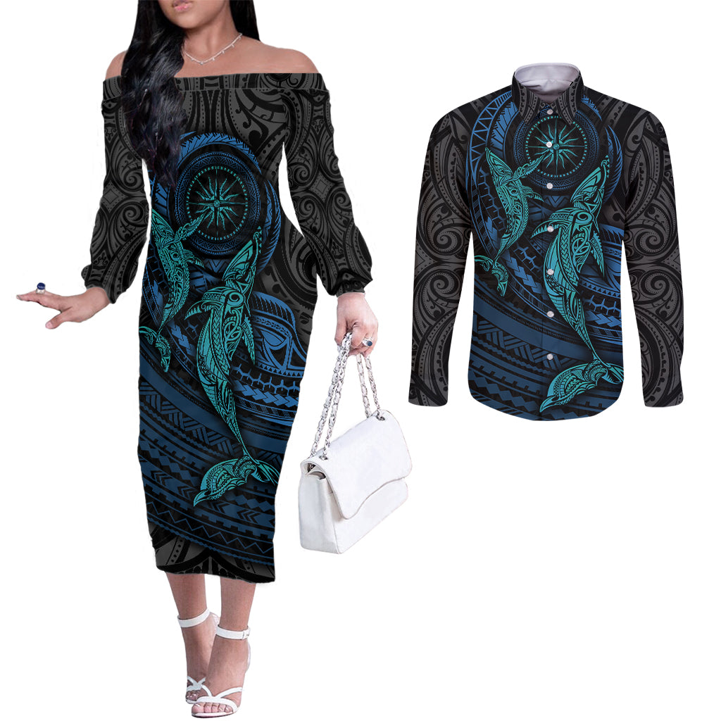 Polynesian Whale Couples Matching Off The Shoulder Long Sleeve Dress and Long Sleeve Button Shirts TS04 Black Cyan - Polynesian Pride