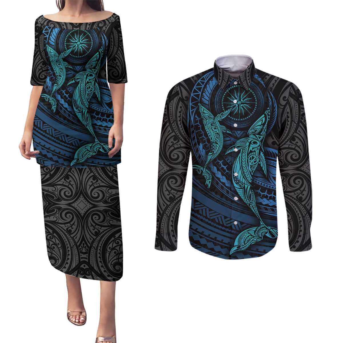 Polynesian Whale Couples Matching Puletasi Dress and Long Sleeve Button Shirts TS04 Black Cyan - Polynesian Pride