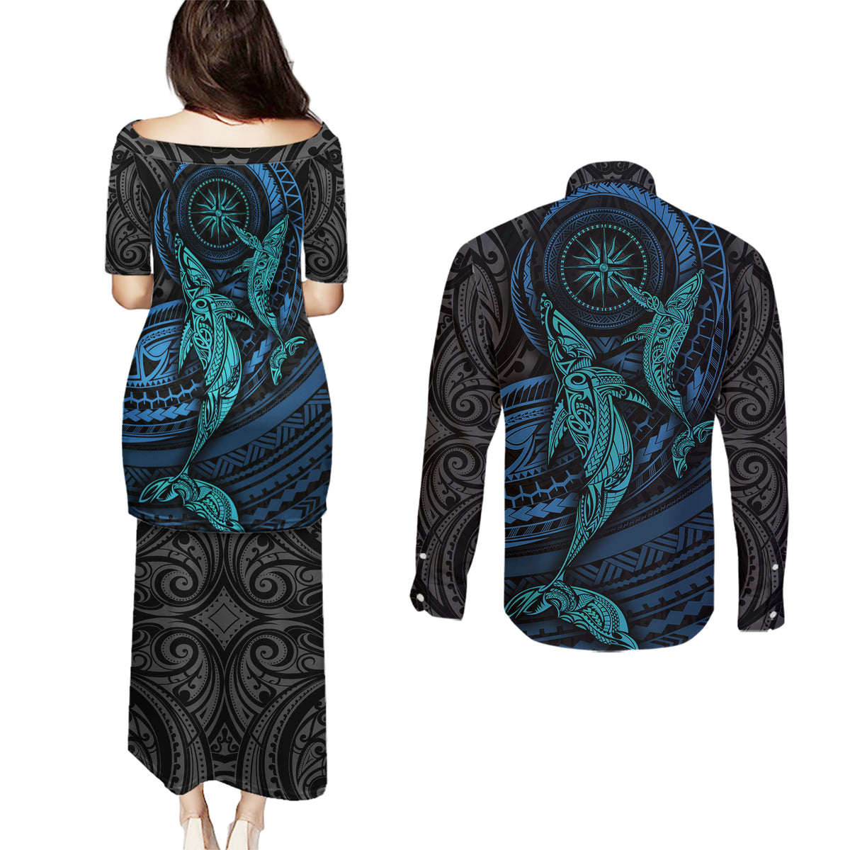 Polynesian Whale Couples Matching Puletasi Dress and Long Sleeve Button Shirts TS04 - Polynesian Pride
