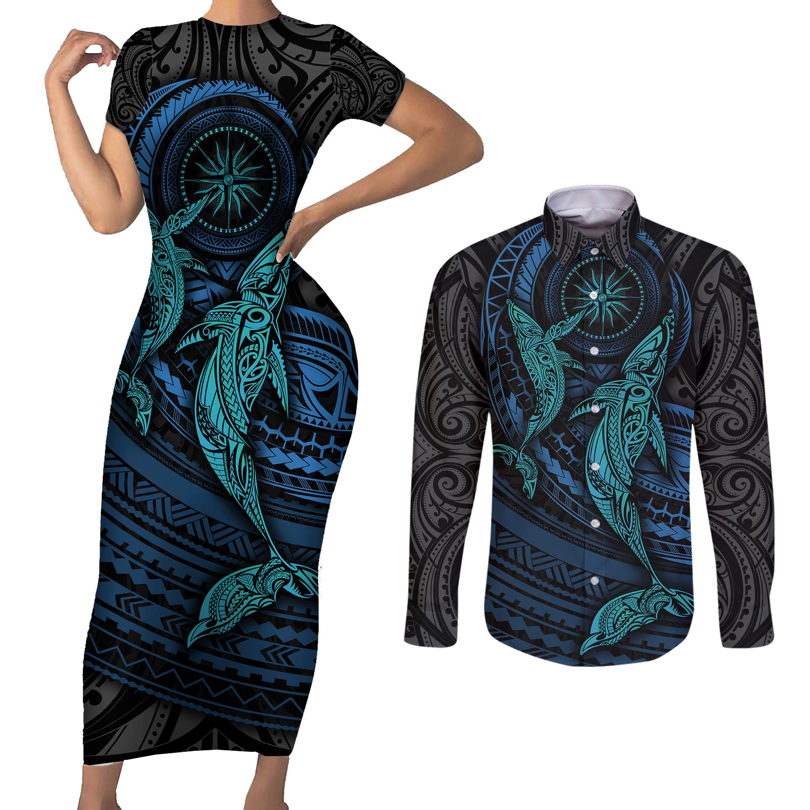 Polynesian Whale Couples Matching Short Sleeve Bodycon Dress and Long Sleeve Button Shirts TS04 Black Cyan - Polynesian Pride