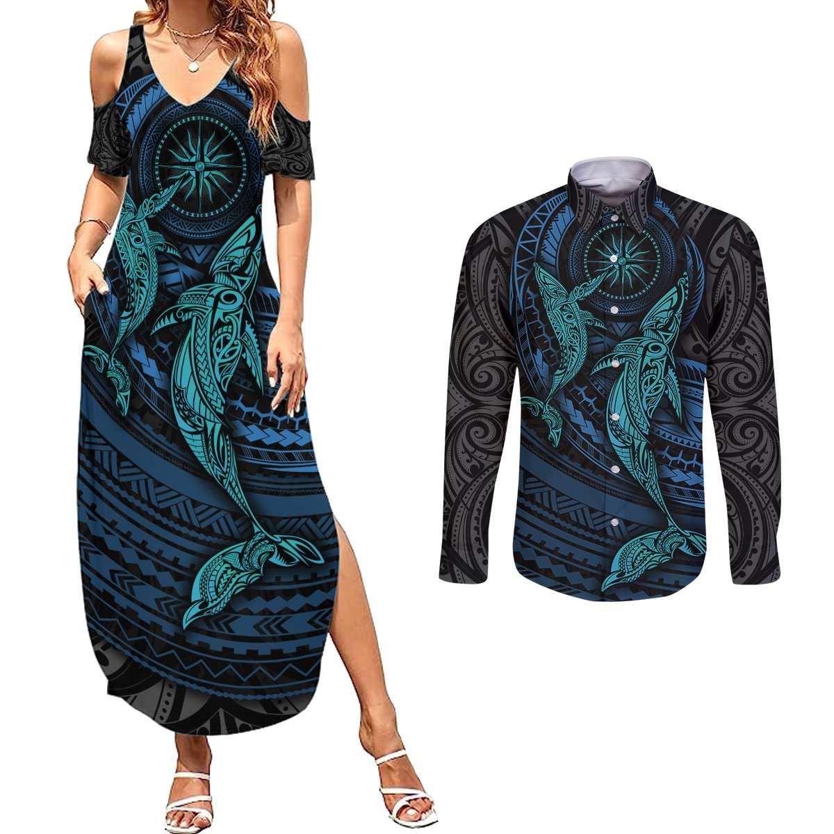 Polynesian Whale Couples Matching Summer Maxi Dress and Long Sleeve Button Shirts TS04 Black Cyan - Polynesian Pride