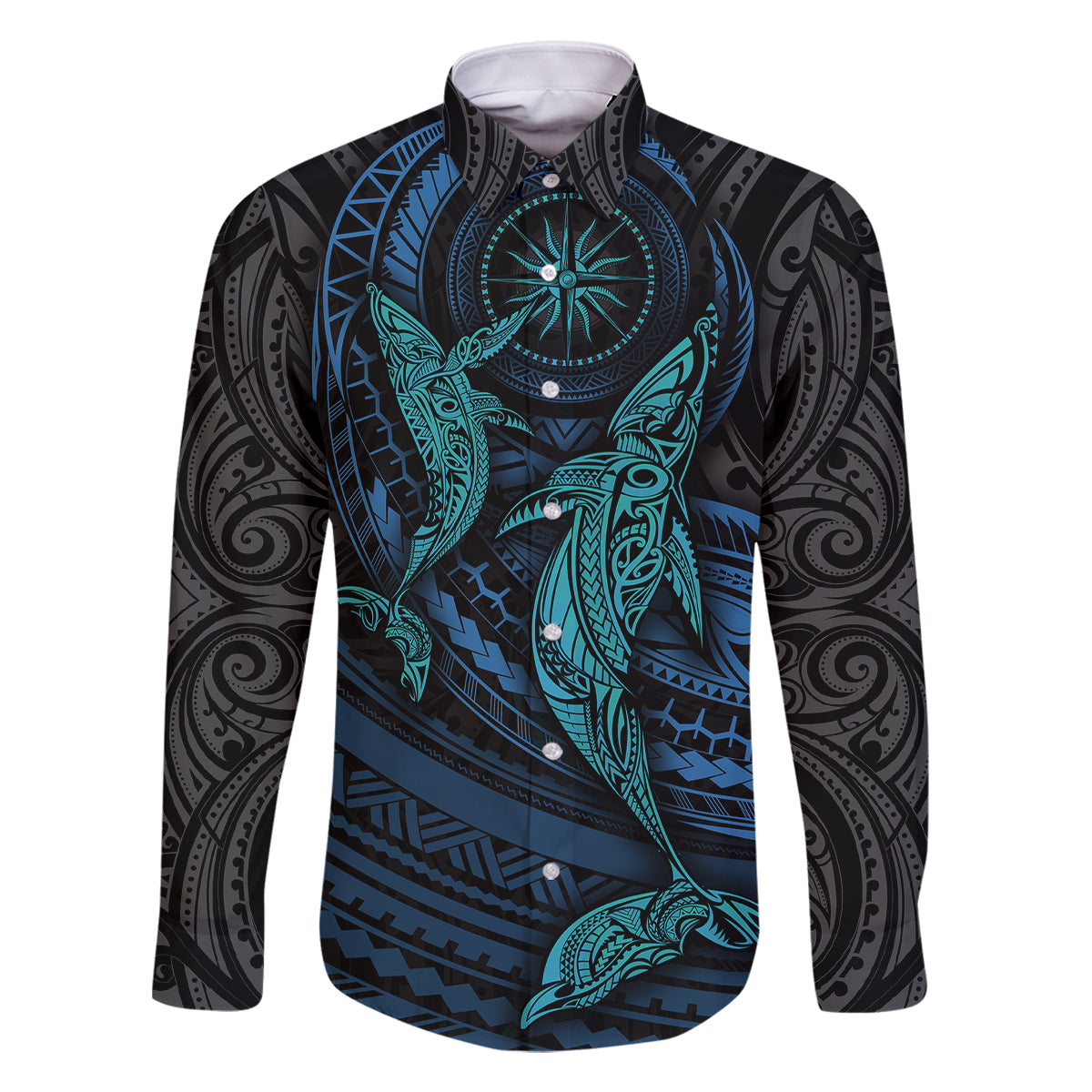 Polynesian Whale Family Matching Off Shoulder Long Sleeve Dress and Hawaiian Shirt TS04 Dad's Shirt - Long Sleeve Black/Cyan - Polynesian Pride