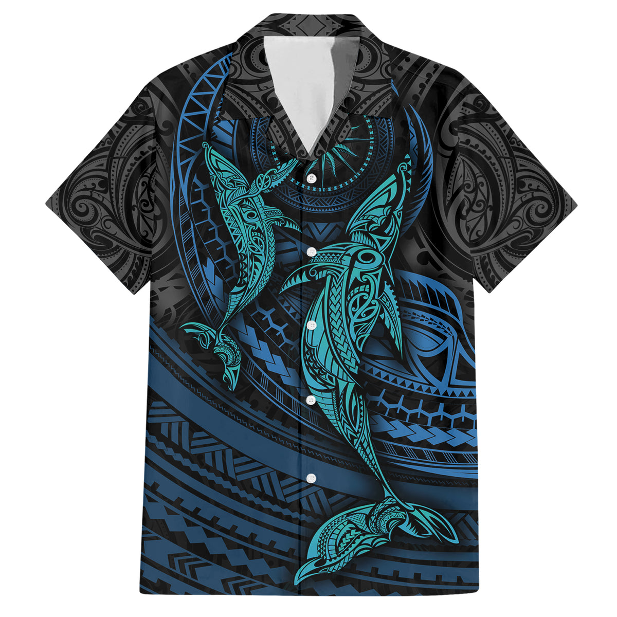 Polynesian Whale Family Matching Short Sleeve Bodycon Dress and Hawaiian Shirt TS04 Dad's Shirt - Short Sleeve Black/Cyan - Polynesian Pride