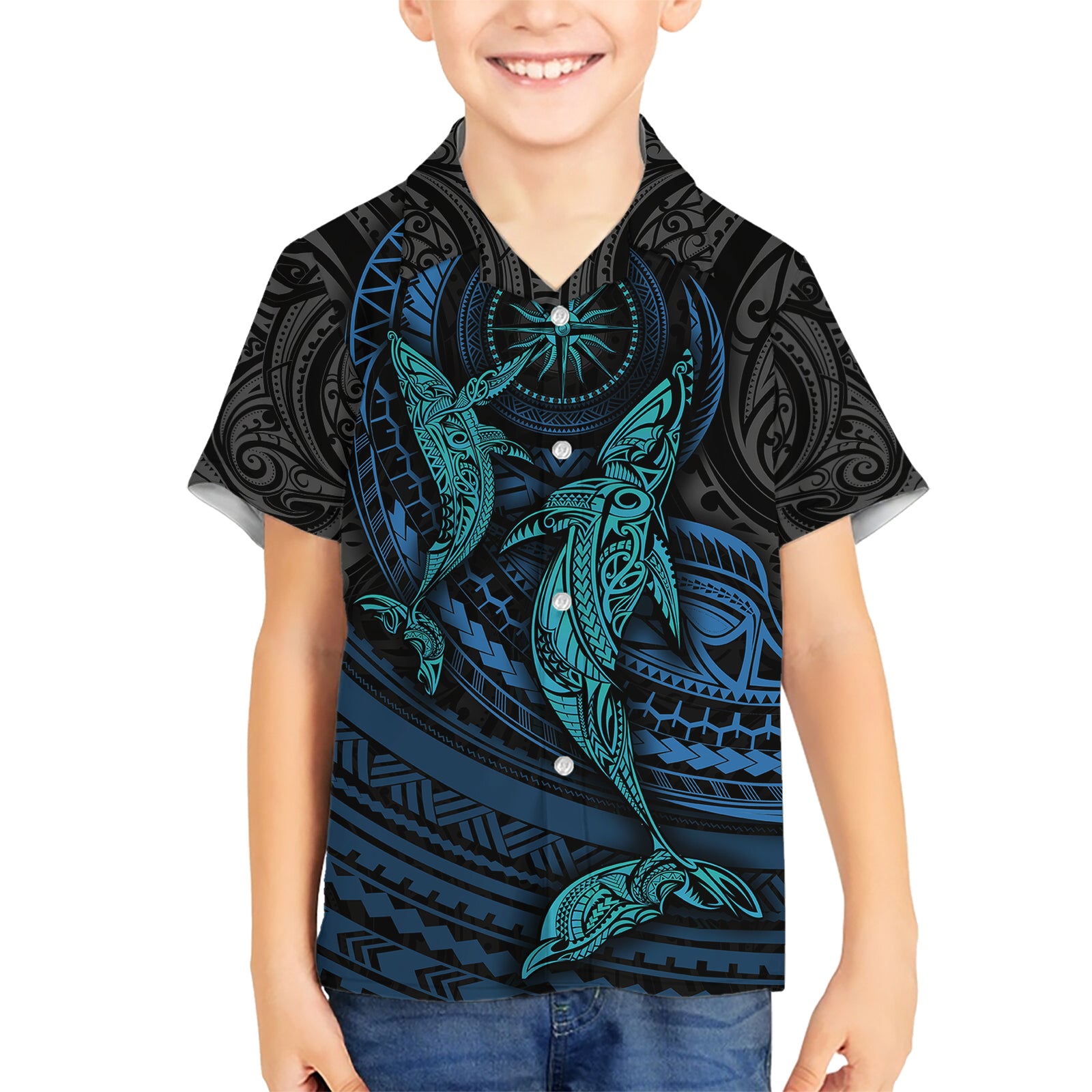 Polynesian Whale Kid Hawaiian Shirt TS04 Kid Black/Cyan - Polynesian Pride