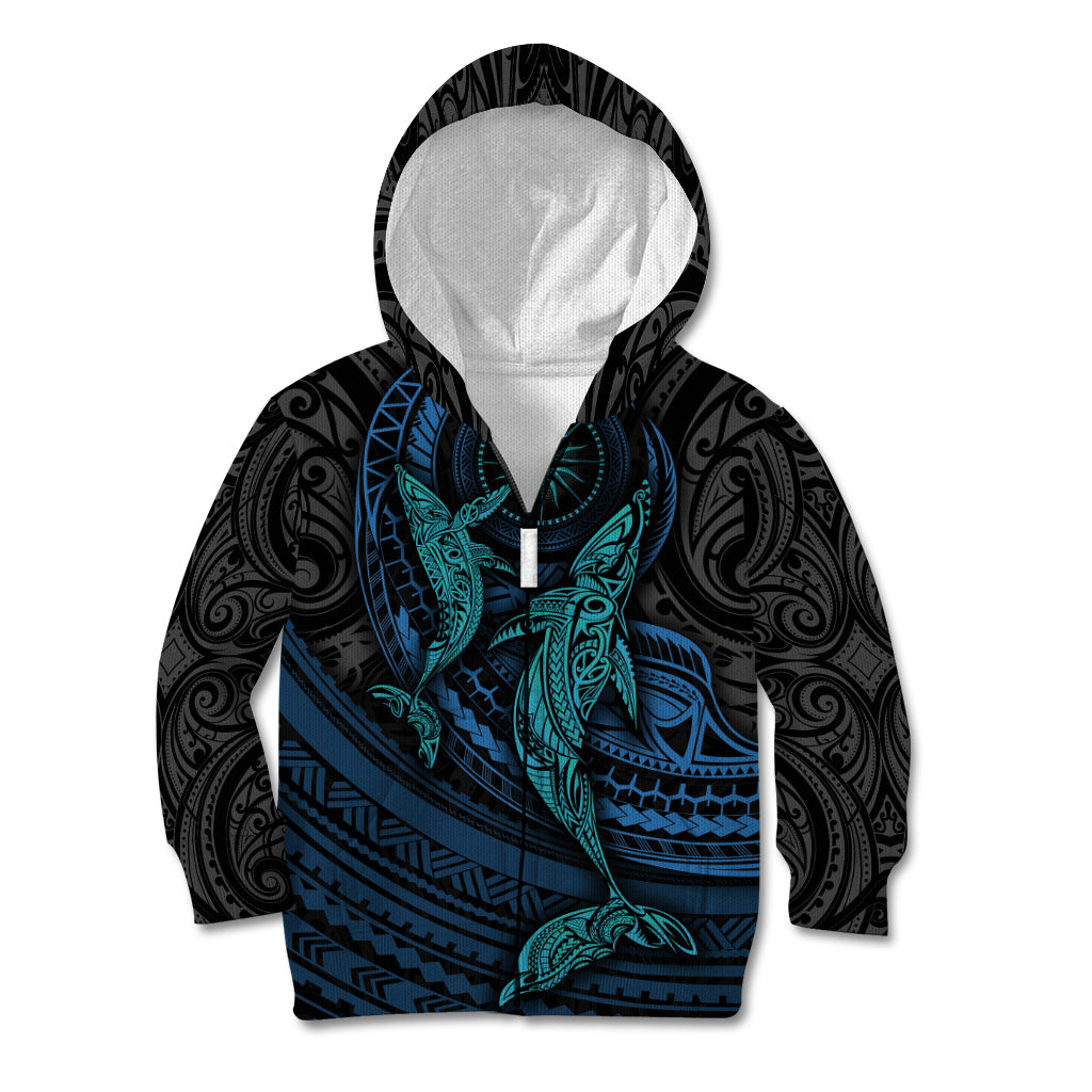 Polynesian Whale Kid Hoodie TS04 Zip Hoodie Black/Cyan - Polynesian Pride