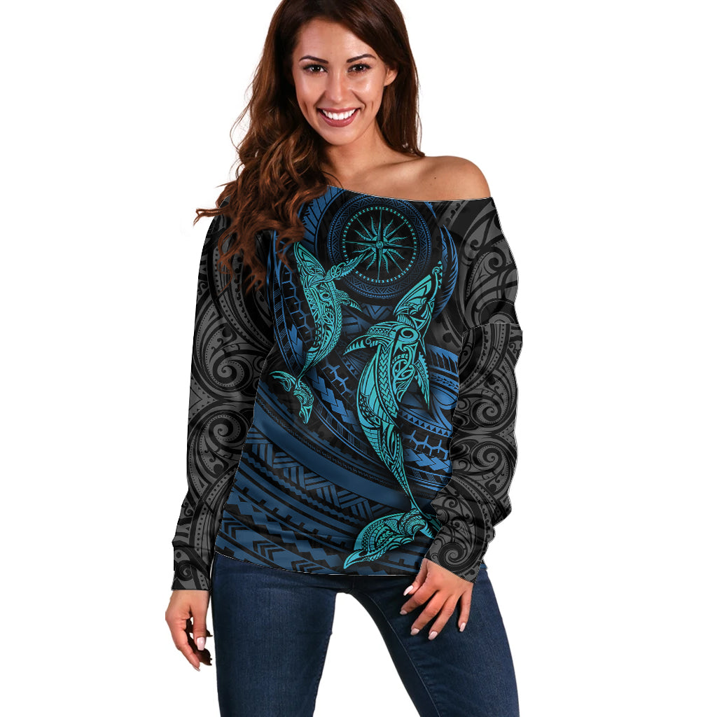 Polynesian Whale Off Shoulder Sweater TS04 Women Black/Cyan - Polynesian Pride