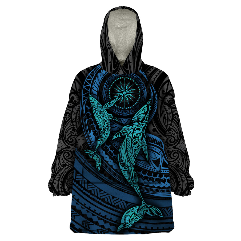 Polynesian Whale Wearable Blanket Hoodie TS04 One Size Black/Cyan - Polynesian Pride