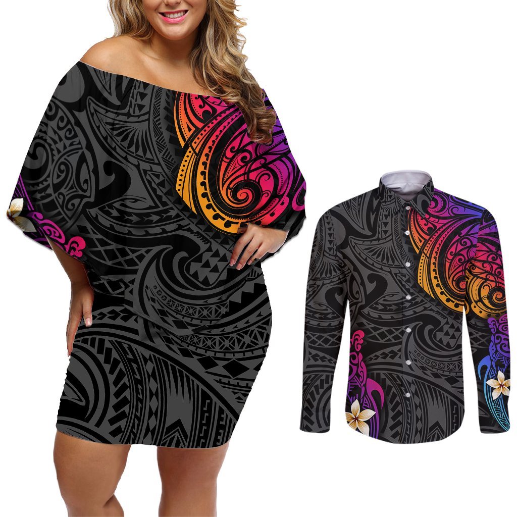 Turtle and Plumeria - Polynesian Couples Matching Off Shoulder Short Dress and Long Sleeve Button Shirts TS04 Gradient - Polynesian Pride