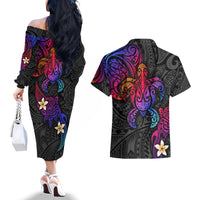 Turtle and Plumeria - Polynesian Couples Matching Off The Shoulder Long Sleeve Dress and Hawaiian Shirt TS04 - Polynesian Pride