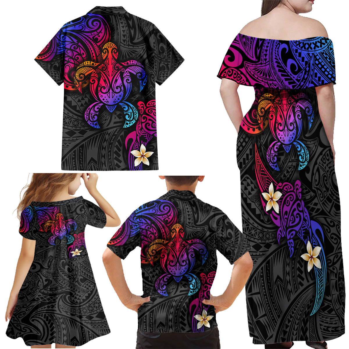 Turtle and Plumeria - Polynesian Family Matching Off Shoulder Maxi Dress and Hawaiian Shirt TS04 - Polynesian Pride