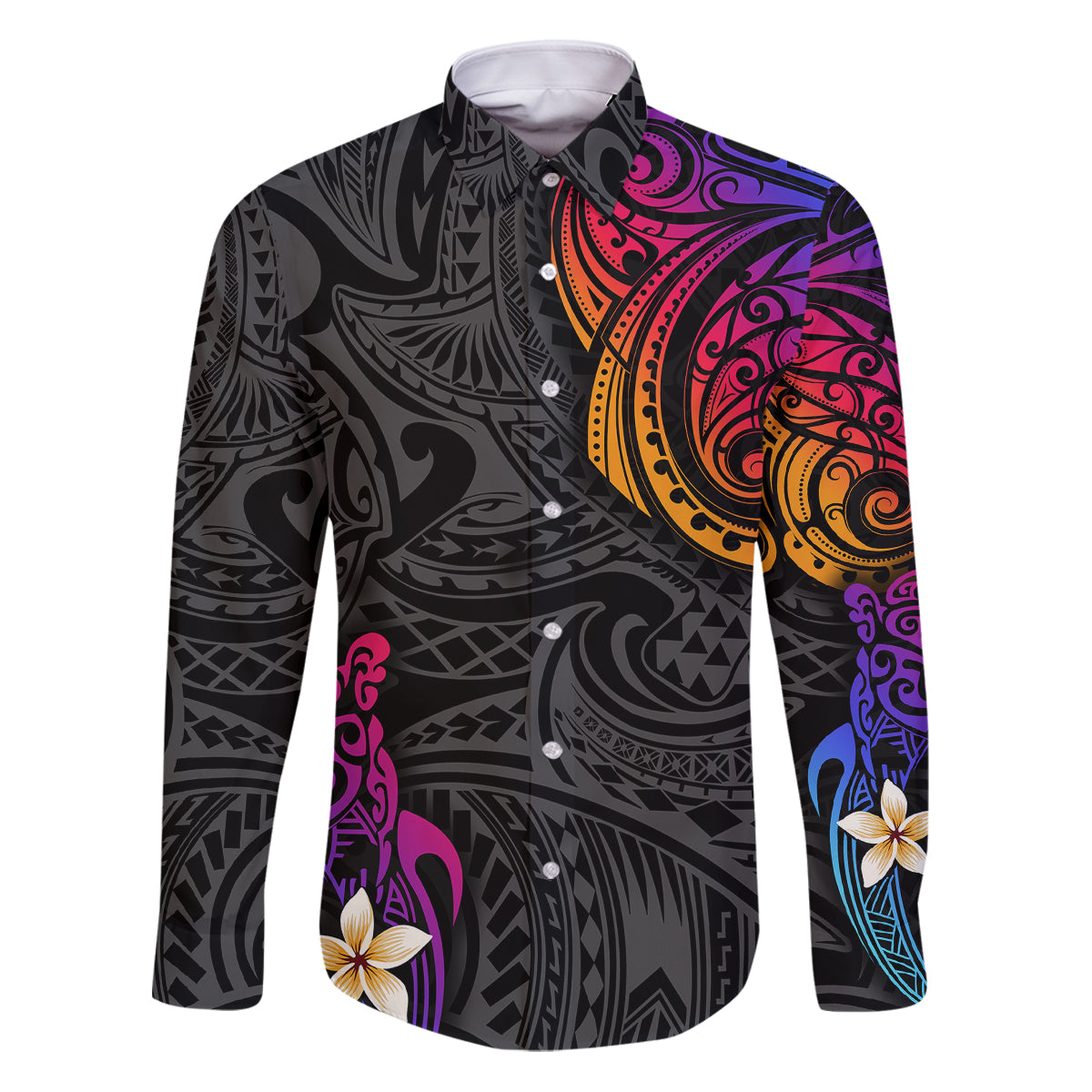 Turtle and Plumeria - Polynesian Family Matching Puletasi Dress and Hawaiian Shirt TS04 Dad's Shirt - Long Sleeve Gradient - Polynesian Pride