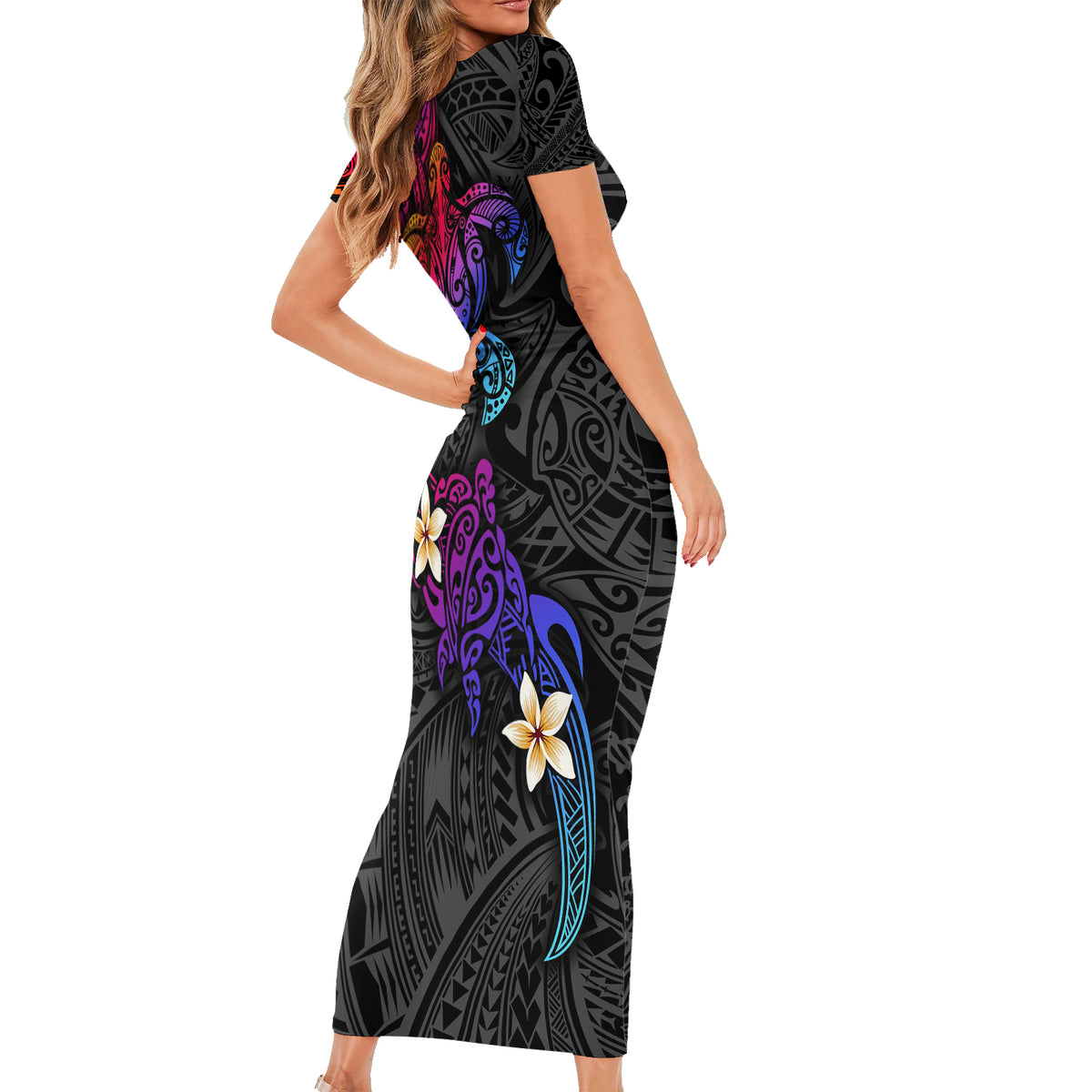 Turtle and Plumeria - Polynesian Family Matching Short Sleeve Bodycon Dress and Hawaiian Shirt TS04 - Polynesian Pride