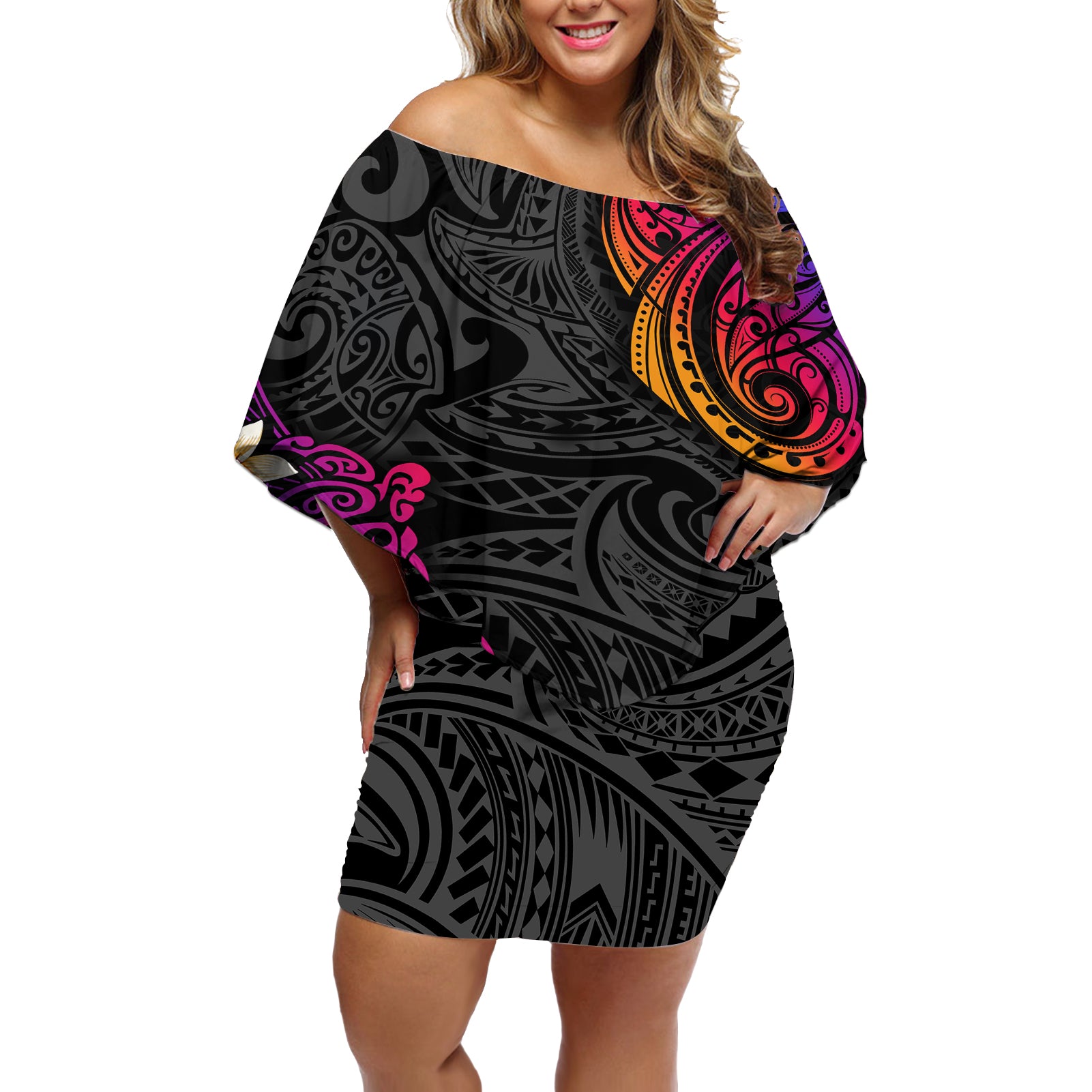 Turtle and Plumeria - Polynesian Off Shoulder Short Dress TS04 Women Gradient - Polynesian Pride