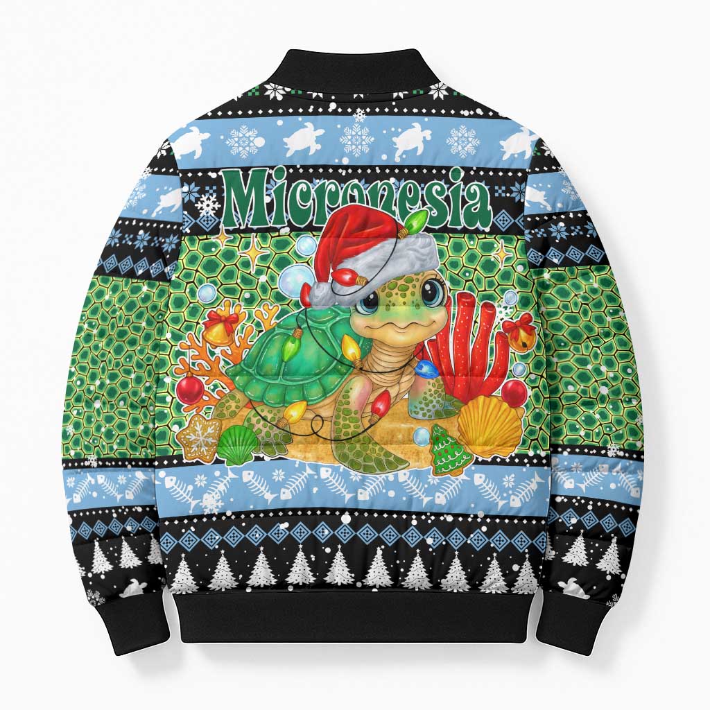 Micronesia Christmas Bomber Puffer Jacket with Santa Turtle Coral Reef and Holiday Ocean Pattern - Polynesian Pride