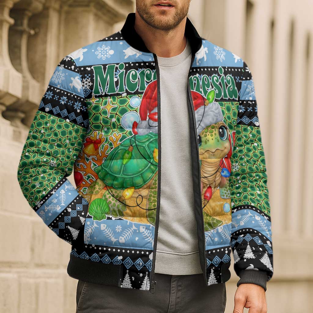 Micronesia Christmas Bomber Puffer Jacket with Santa Turtle Coral Reef and Holiday Ocean Pattern - Polynesian Pride