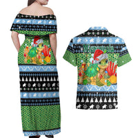 Micronesia Christmas Couples Matching Off Shoulder Maxi Dress and Hawaiian Shirt with Santa Turtle Coral Reef and Holiday Ocean Pattern - Polynesian Pride