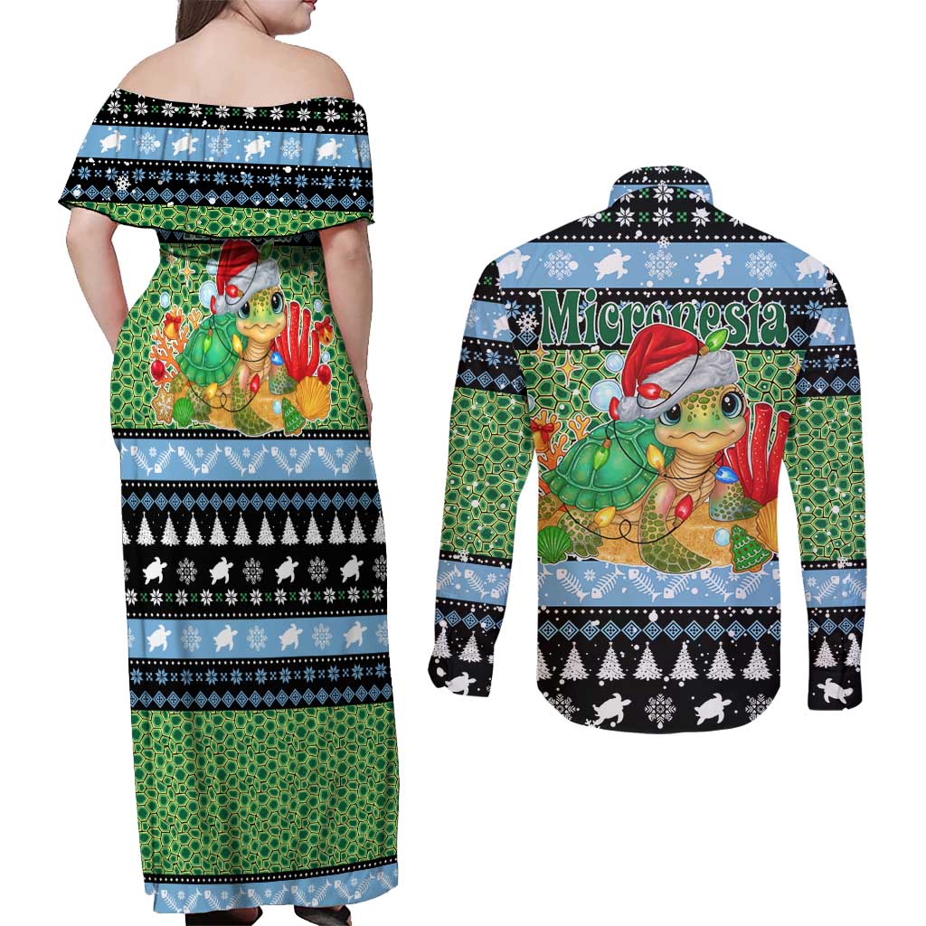 Micronesia Christmas Couples Matching Off Shoulder Maxi Dress and Long Sleeve Button Shirt with Santa Turtle Coral Reef and Holiday Ocean Pattern - Polynesian Pride