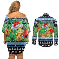 Micronesia Christmas Couples Matching Off Shoulder Short Dress and Long Sleeve Button Shirt with Santa Turtle Coral Reef and Holiday Ocean Pattern - Polynesian Pride