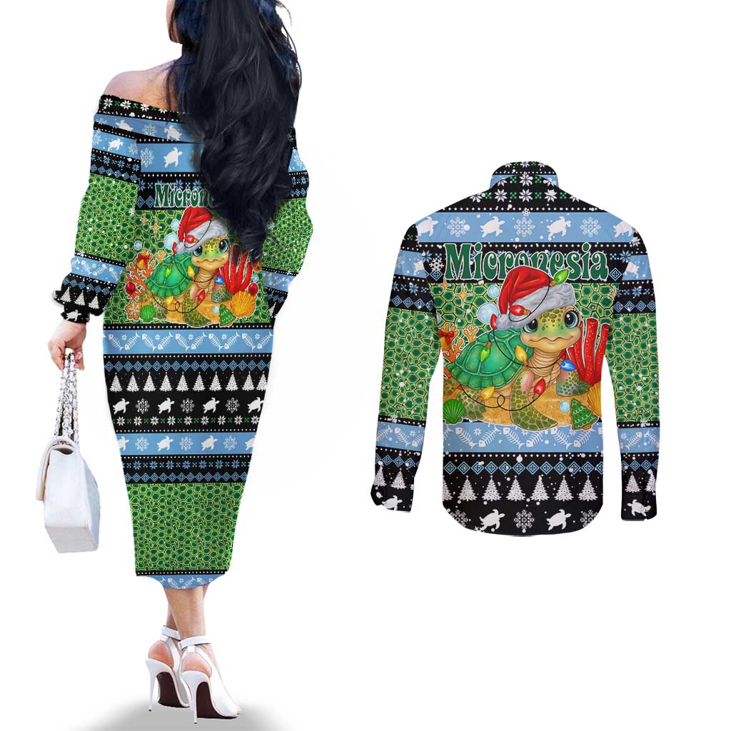 Micronesia Christmas Couples Matching Off The Shoulder Long Sleeve Dress and Long Sleeve Button Shirt with Santa Turtle Coral Reef and Holiday Ocean Pattern - Polynesian Pride