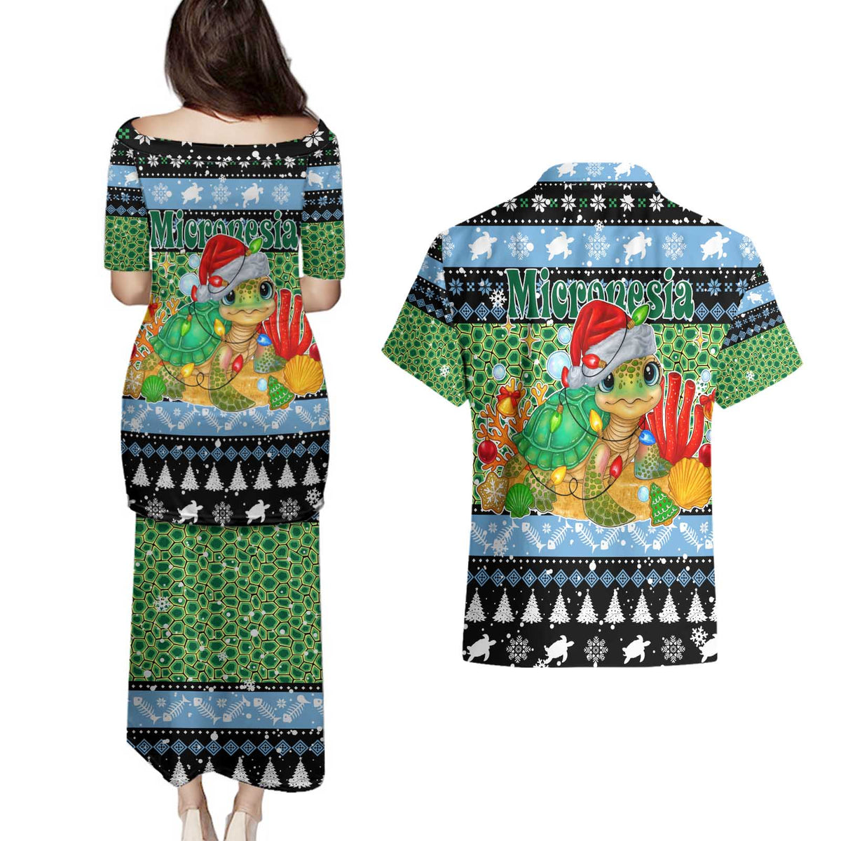 Micronesia Christmas Couples Matching Puletasi and Hawaiian Shirt with Santa Turtle Coral Reef and Holiday Ocean Pattern - Polynesian Pride