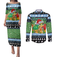 Micronesia Christmas Couples Matching Puletasi and Long Sleeve Button Shirt with Santa Turtle Coral Reef and Holiday Ocean Pattern - Polynesian Pride