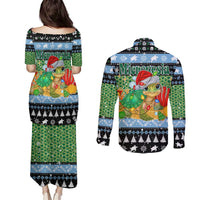Micronesia Christmas Couples Matching Puletasi and Long Sleeve Button Shirt with Santa Turtle Coral Reef and Holiday Ocean Pattern - Polynesian Pride