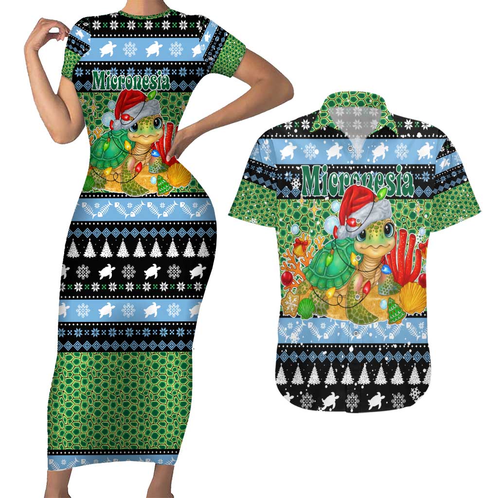 Micronesia Christmas Couples Matching Short Sleeve Bodycon Dress and Hawaiian Shirt with Santa Turtle Coral Reef and Holiday Ocean Pattern - Polynesian Pride
