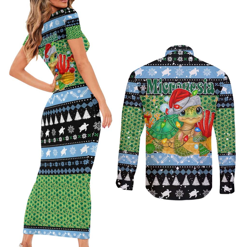 Micronesia Christmas Couples Matching Short Sleeve Bodycon Dress and Long Sleeve Button Shirt with Santa Turtle Coral Reef and Holiday Ocean Pattern - Polynesian Pride
