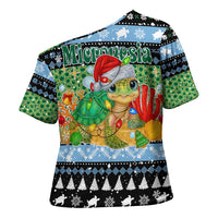 Micronesia Christmas Cross Shoulder Shirt with Santa Turtle Coral Reef and Holiday Ocean Pattern - Polynesian Pride