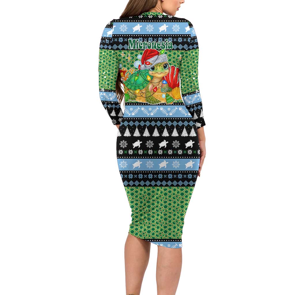 Micronesia Christmas Family Matching Long Sleeve Bodycon Dress and Hawaiian Shirt with Santa Turtle Coral Reef and Holiday Ocean Pattern - Polynesian Pride