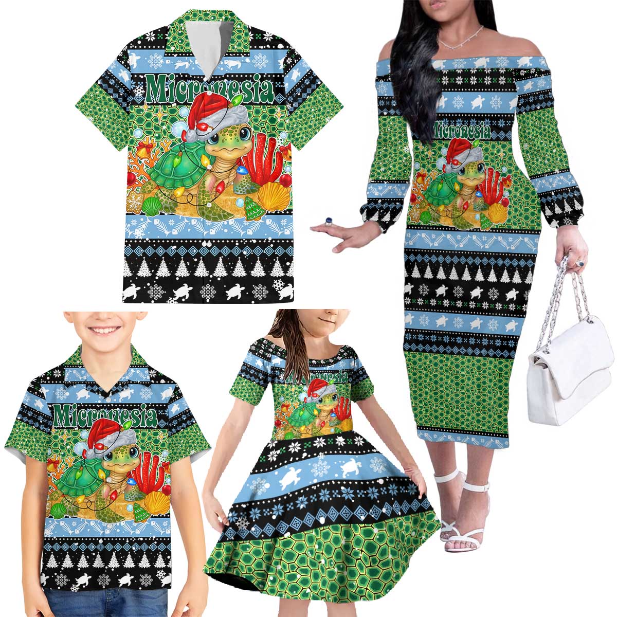 Micronesia Christmas Family Matching Off The Shoulder Long Sleeve Dress and Hawaiian Shirt with Santa Turtle Coral Reef and Holiday Ocean Pattern - Polynesian Pride