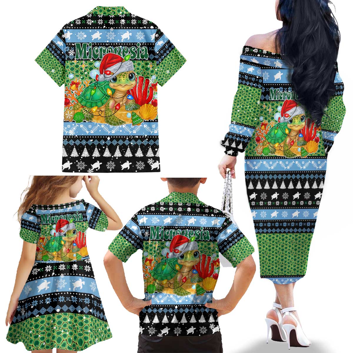 Micronesia Christmas Family Matching Off The Shoulder Long Sleeve Dress and Hawaiian Shirt with Santa Turtle Coral Reef and Holiday Ocean Pattern - Polynesian Pride