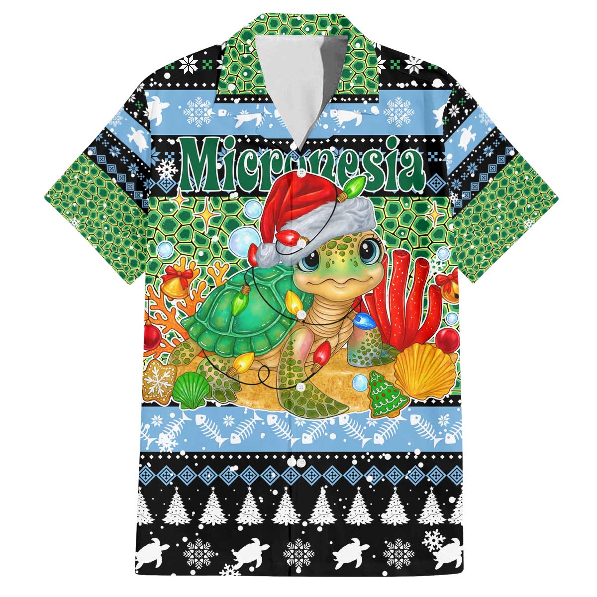 Micronesia Christmas Family Matching Off The Shoulder Long Sleeve Dress and Hawaiian Shirt with Santa Turtle Coral Reef and Holiday Ocean Pattern - Polynesian Pride