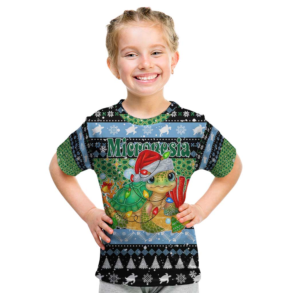 Micronesia Christmas Kid T Shirt with Santa Turtle Coral Reef and Holiday Ocean Pattern - Polynesian Pride